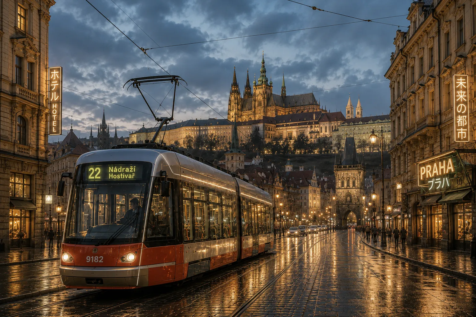 Premium metal print featuring a Prague tram travelling beneath the illuminated Prague Castle at dusk.