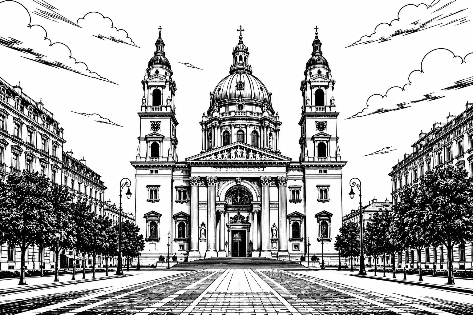 St. Stephen's Basilica Budapest black and white architectural line art limited edition handcrafted metal print