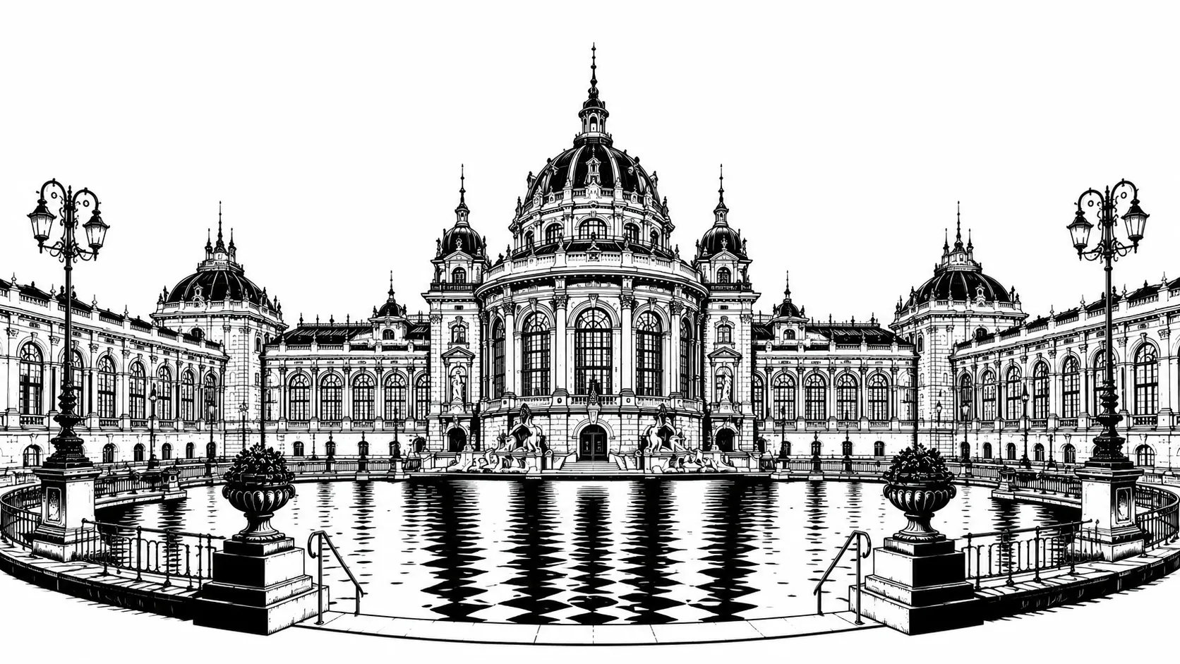 Széchenyi Thermal Bath Budapest black and white architectural line art limited edition handcrafted metal print