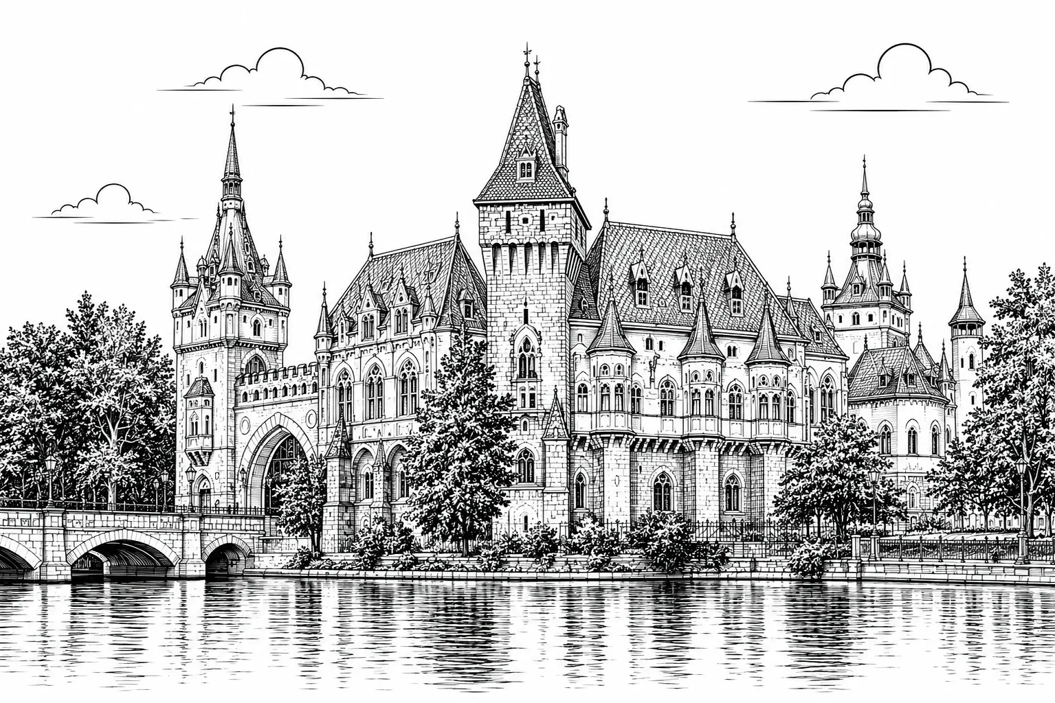 Vajdahunyad Castle Budapest black and white architectural line art limited edition handcrafted metal print
