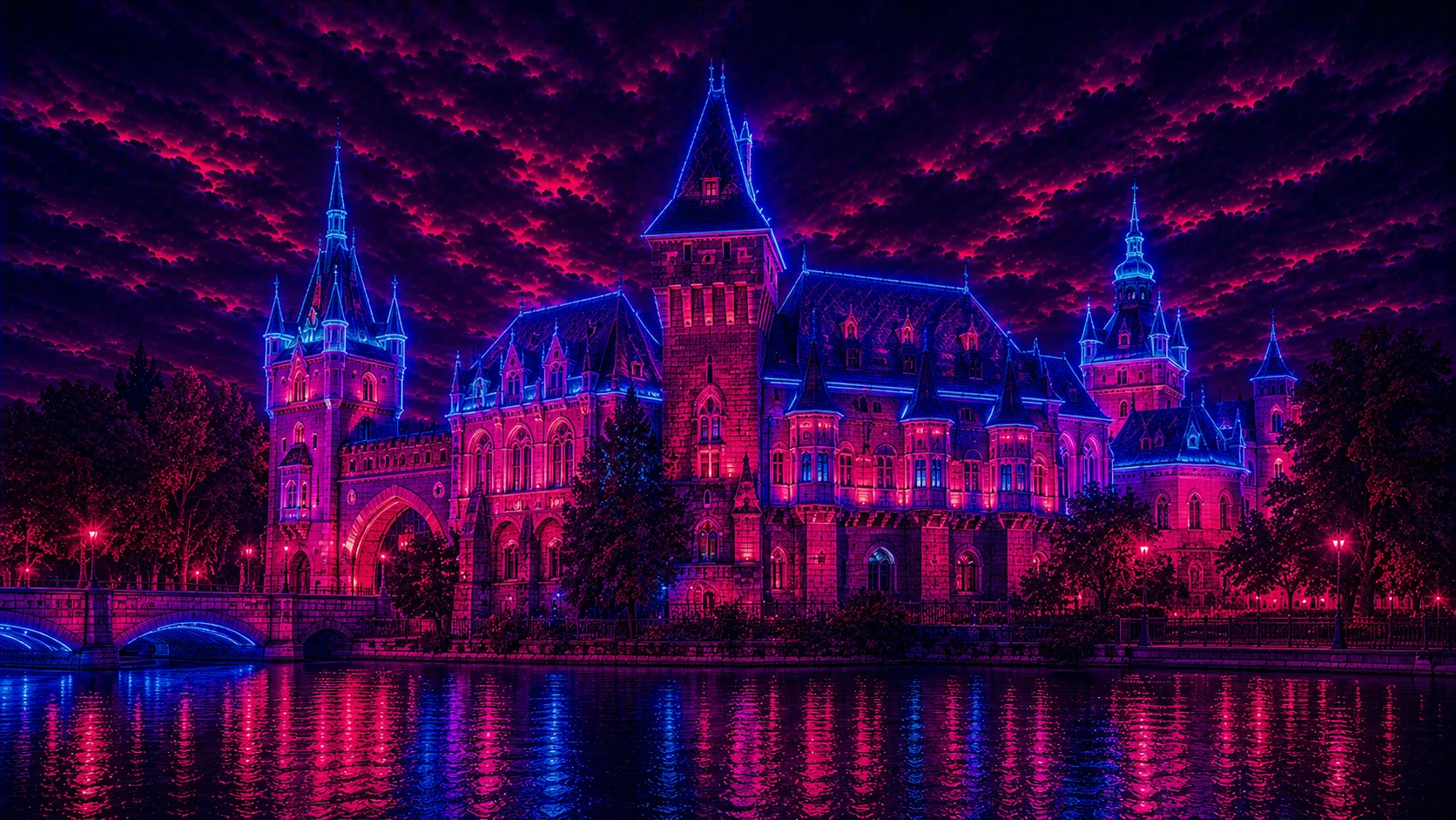 Vajdahunyad Castle Budapest Neon Fortress limited edition handcrafted metal print