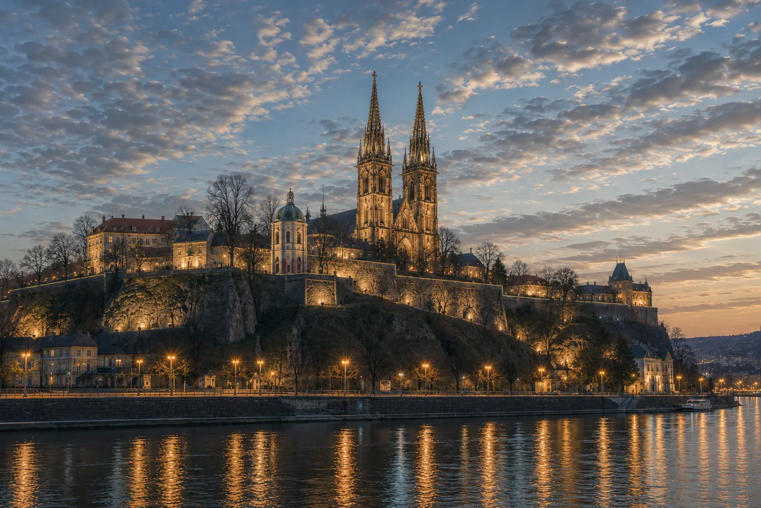 Premium metal print featuring Vyšehrad Fortress illuminated at sunset above the Vltava River in Prague.
