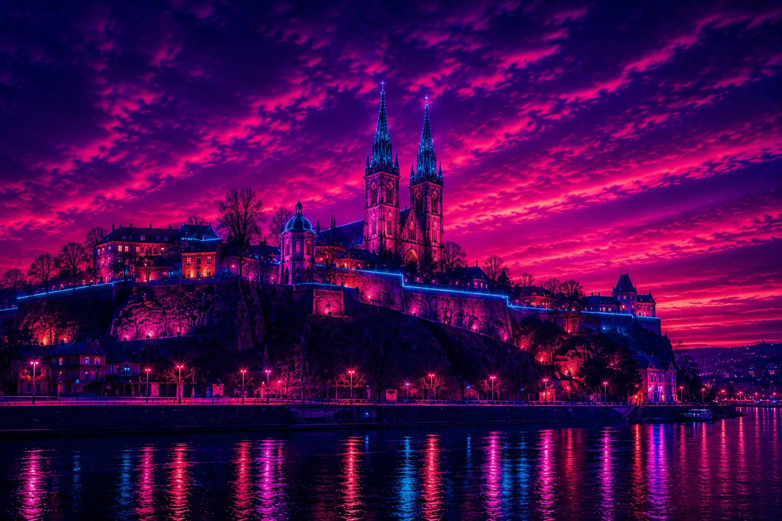 Cyberpunk Vyšehrad fortress artwork on premium handcrafted metal print