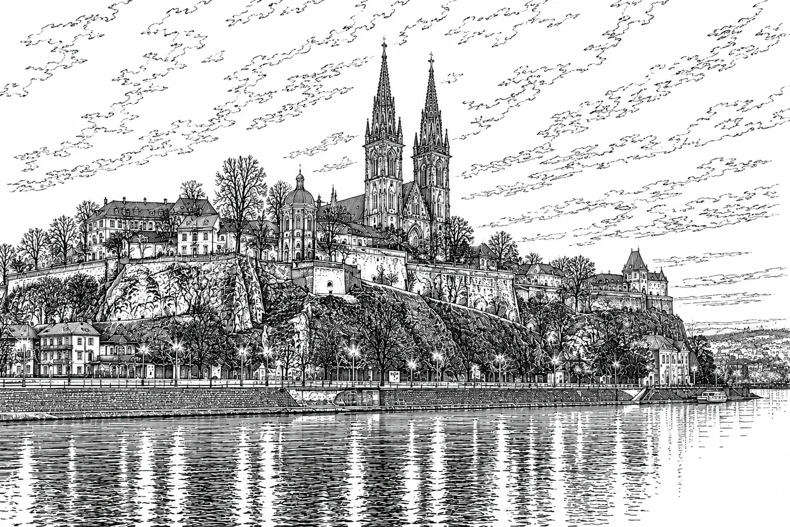 Black and white metal print of Vyšehrad overlooking the Vltava River in Prague.