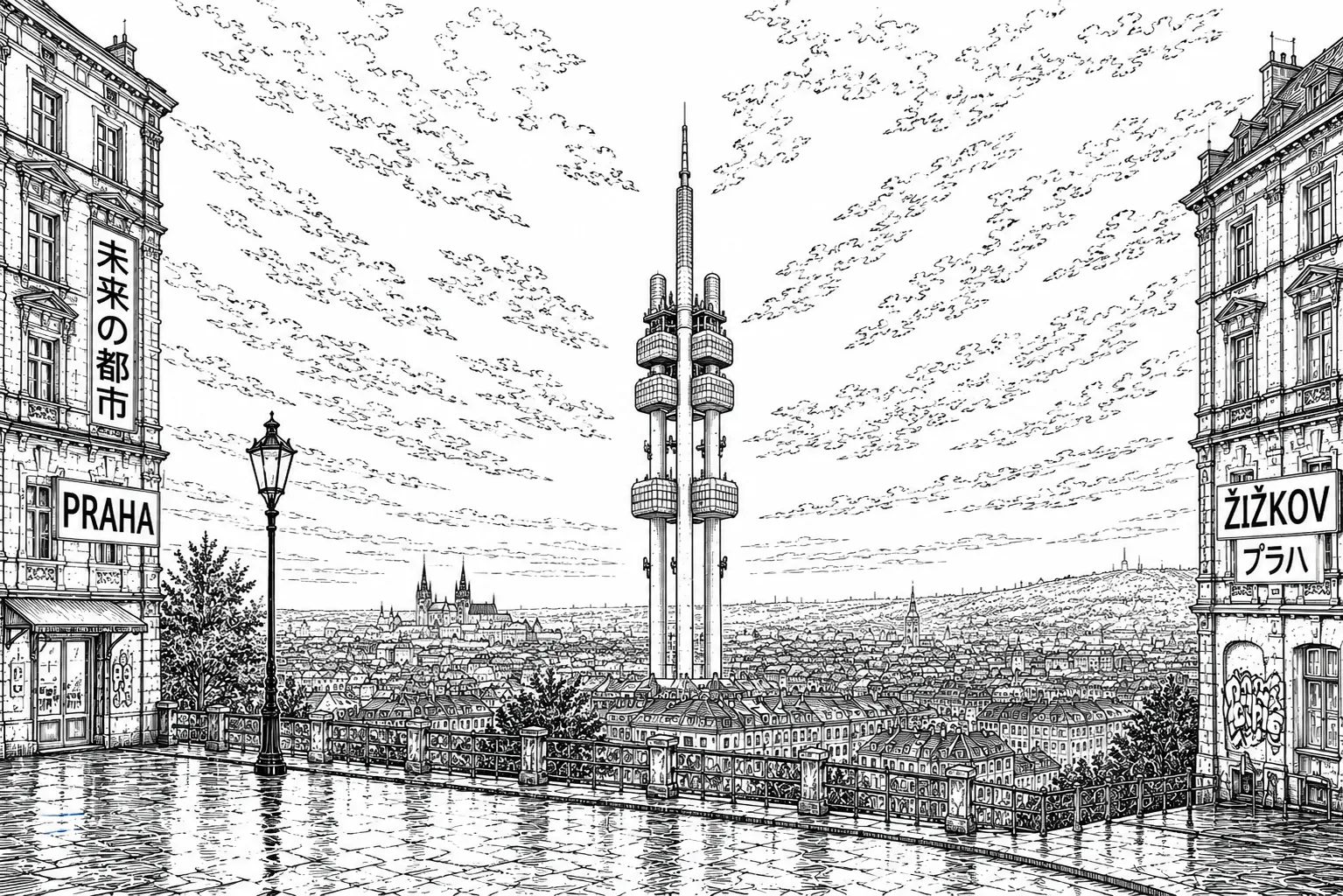 Black and white metal print of Prague's Žižkov Television Tower overlooking the city skyline.