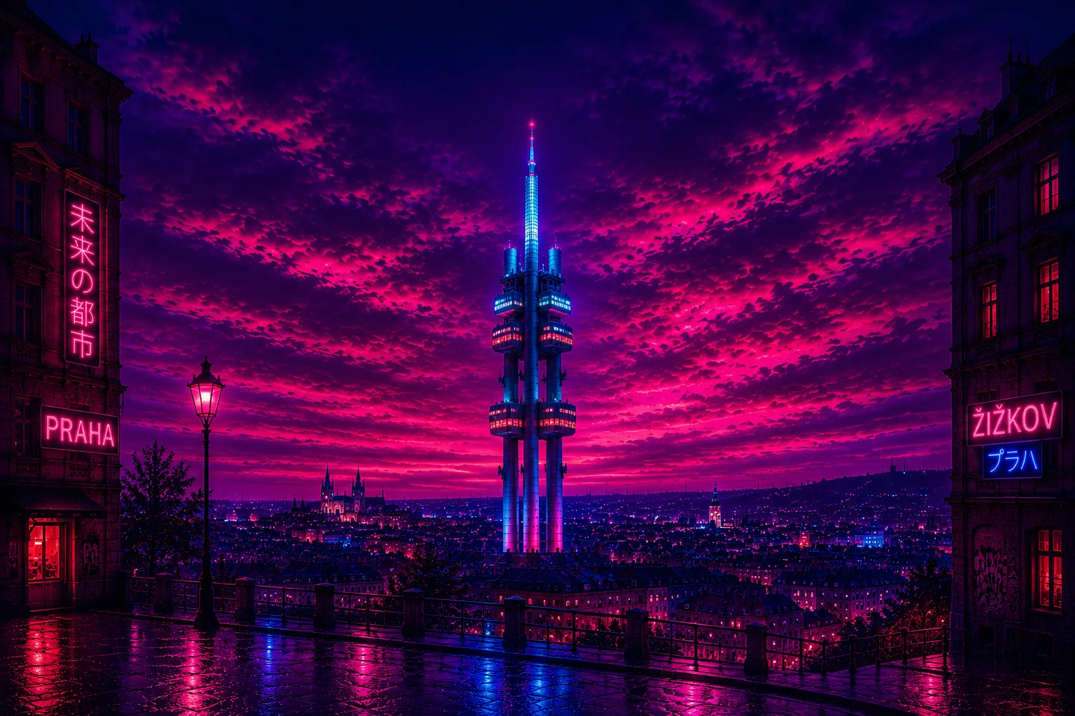 Žižkov Television Tower Prague Cyberpunk limited edition metal print with glowing neon skyline
