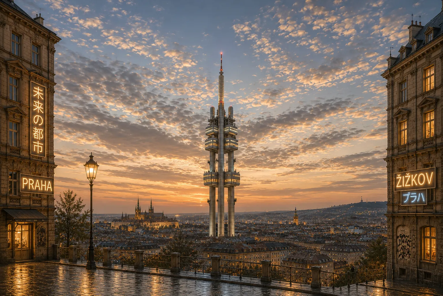 Premium metal print featuring the Žižkov Television Tower rising above Prague during a spectacular sunset.