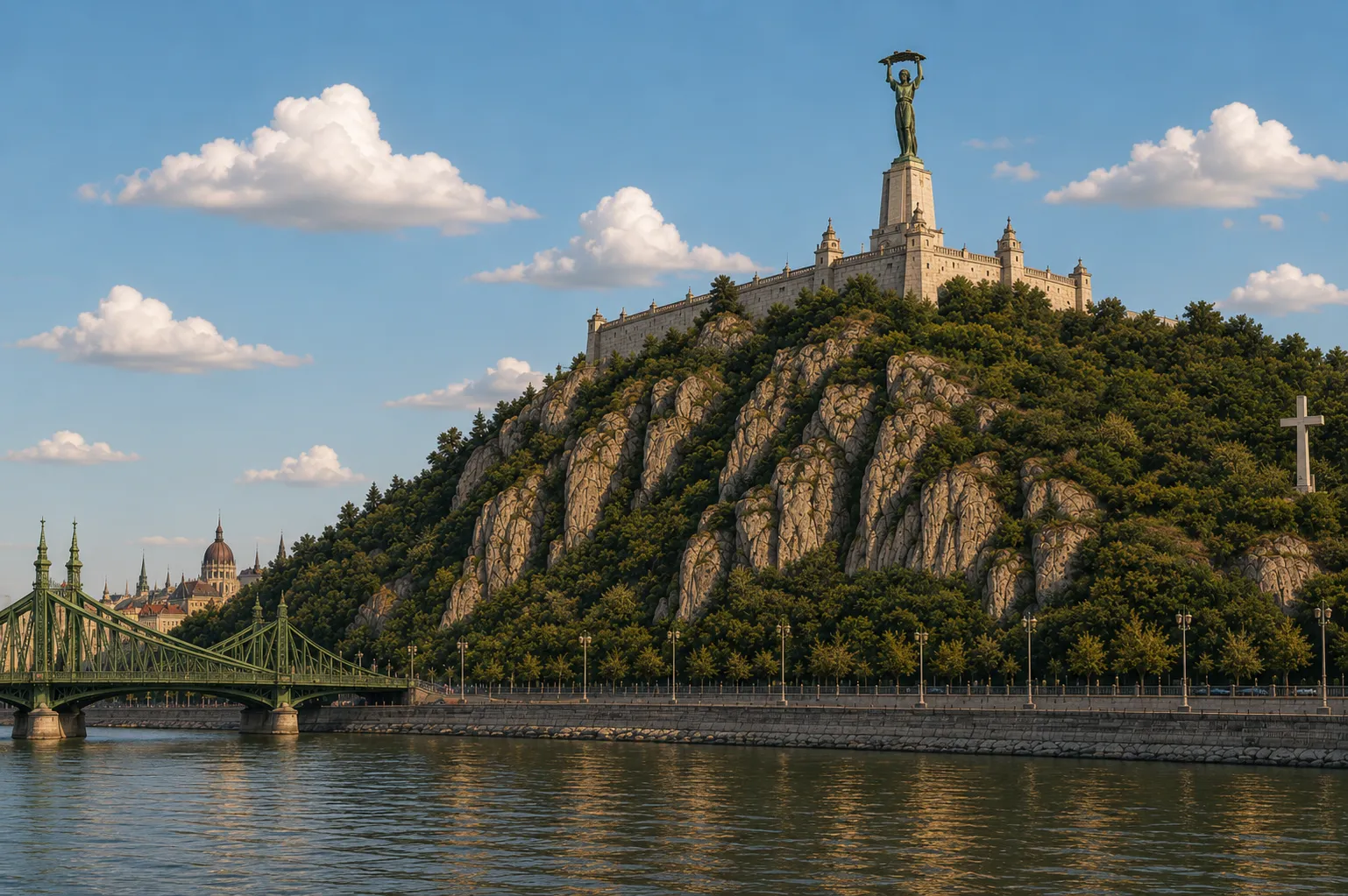 Premium metal print featuring Gellért Hill and the Liberty Statue overlooking the Danube in Budapest.