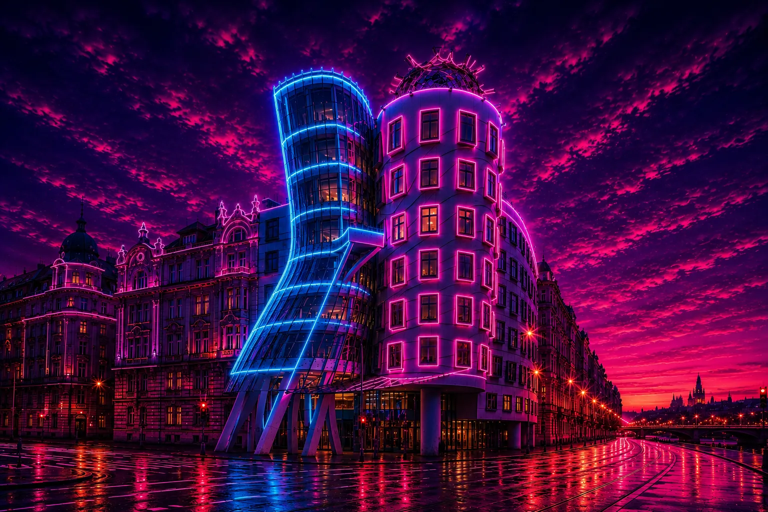 Prague Dancing House Cyberpunk limited edition metal print with neon blue and magenta lighting