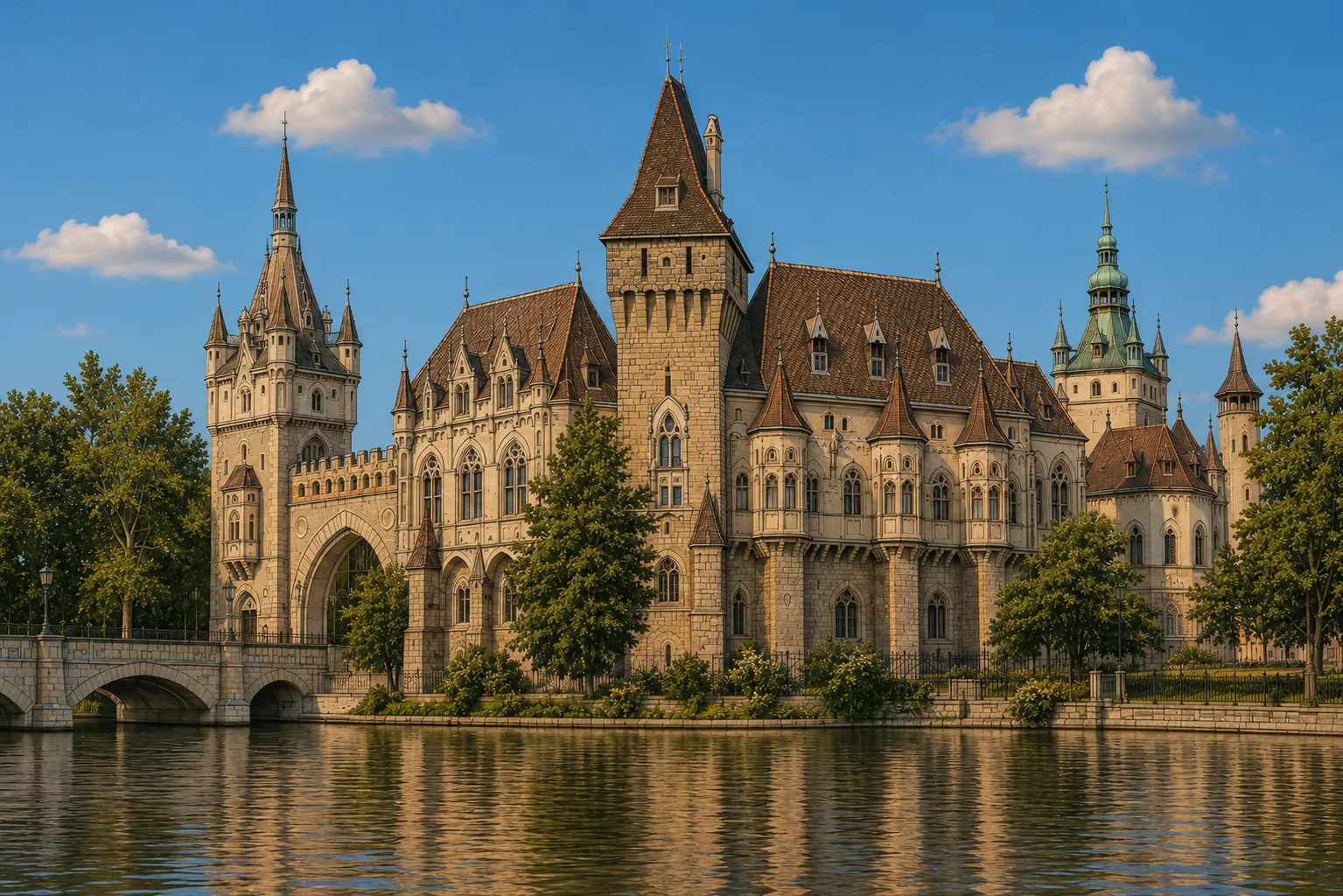 Premium metal print featuring Vajdahunyad Castle reflected in the lake in Budapest.