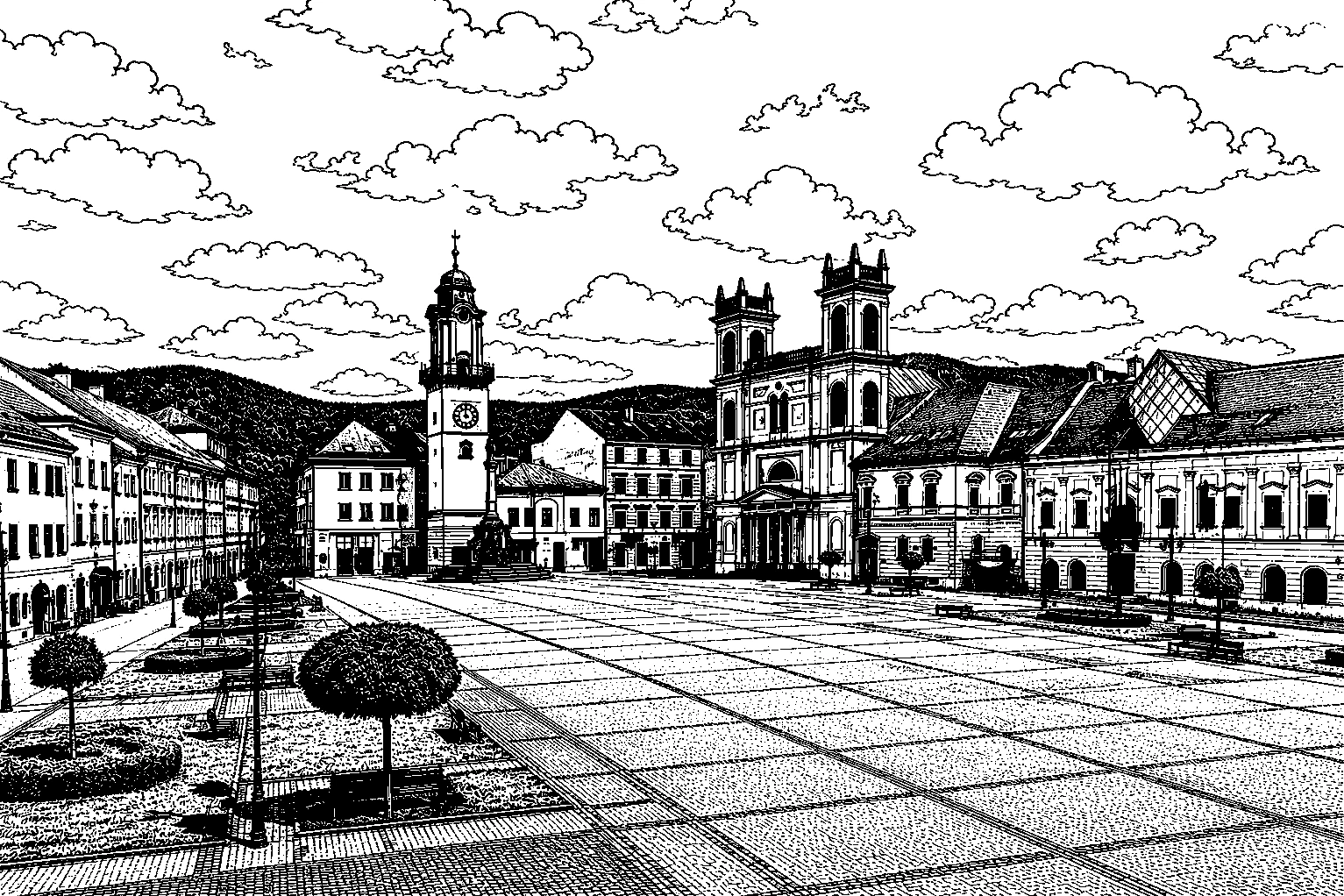 Banská Bystrica – Clock Tower & Historic Square | 20 × 30 cm Sublimated Aluminum Plaque – Black & White