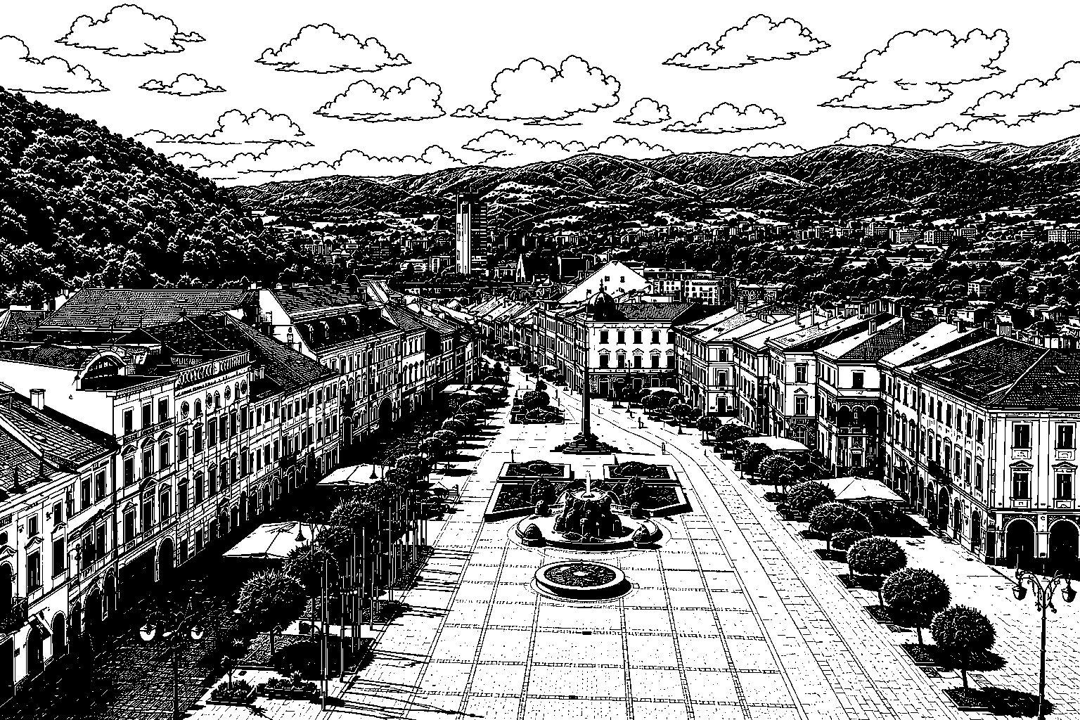 Banska-Bystrica-–-Main-Square-Panoramic-View-BW
