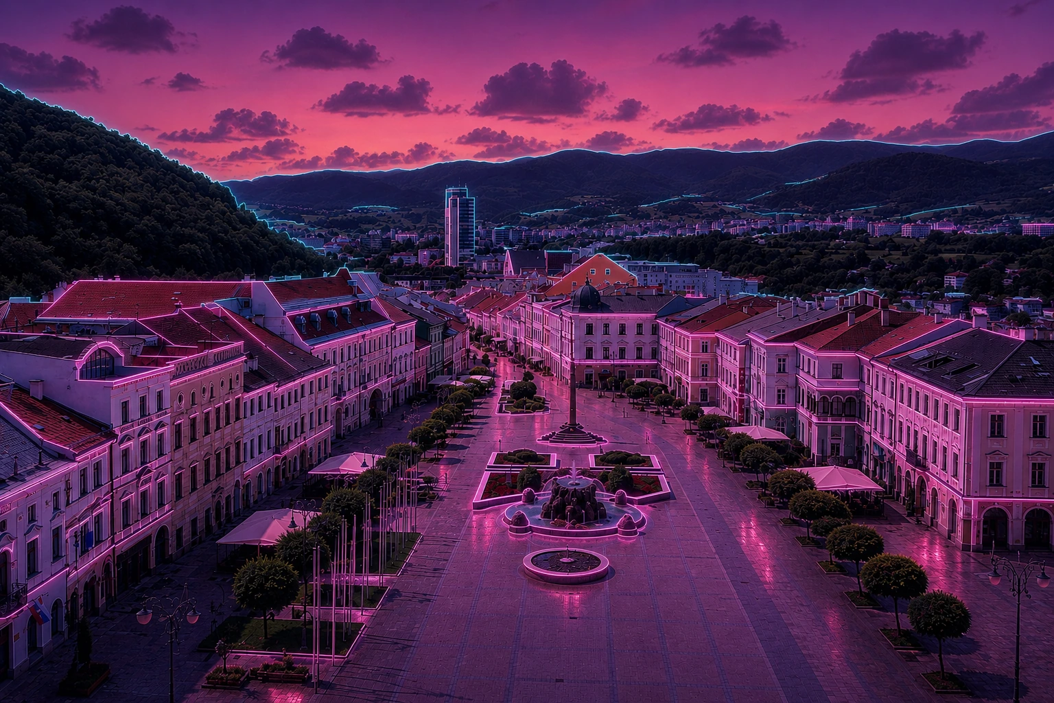 Banská Bystrica – Main Square Panoramic View | 20 × 30 cm Sublimated Aluminum Plaque – Cyberpun