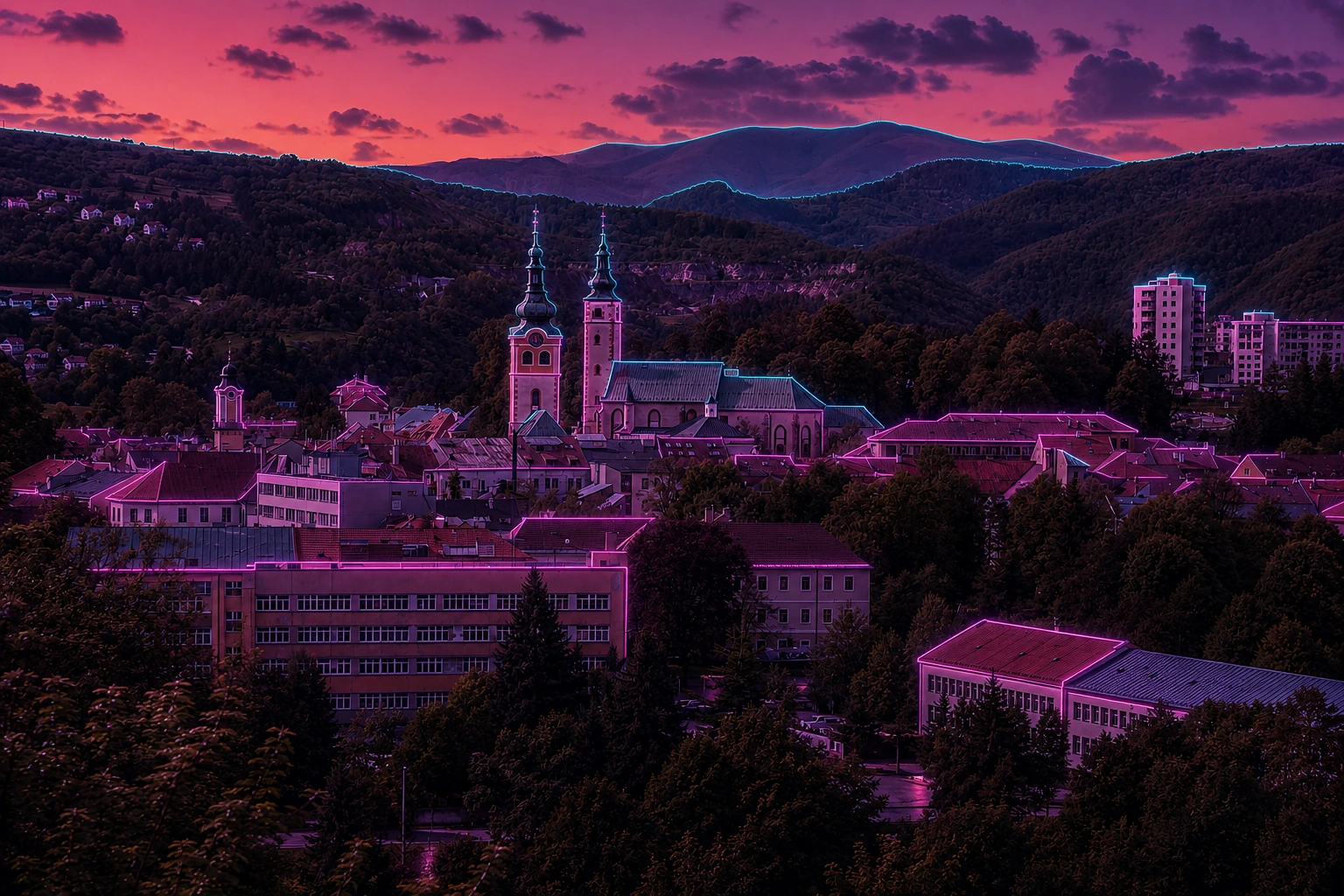 Banská Bystrica – Old Town Beneath the Mountains | 20 × 30 cm Sublimated Aluminum Plaque – Cyberpunk
