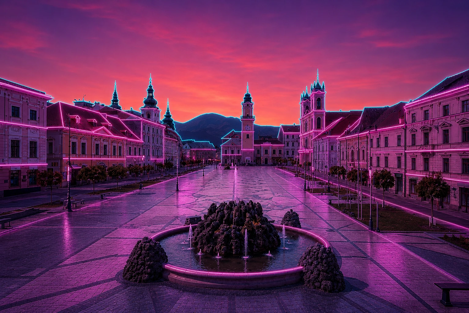 Banská Bystrica – Singing Fountain & SNP Square | 20 × 30 cm Sublimated Aluminum Plaque – Cyberpunk