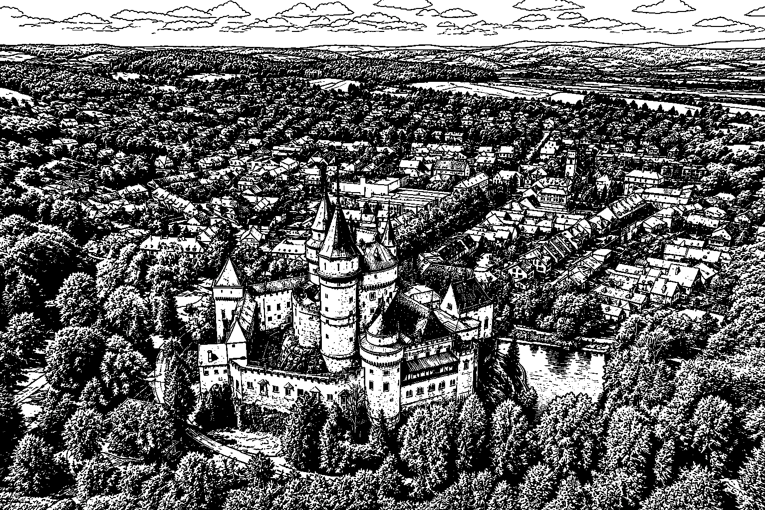 Bojnice Castle – Aerial View Over the Historic Town Monochrome Plaque