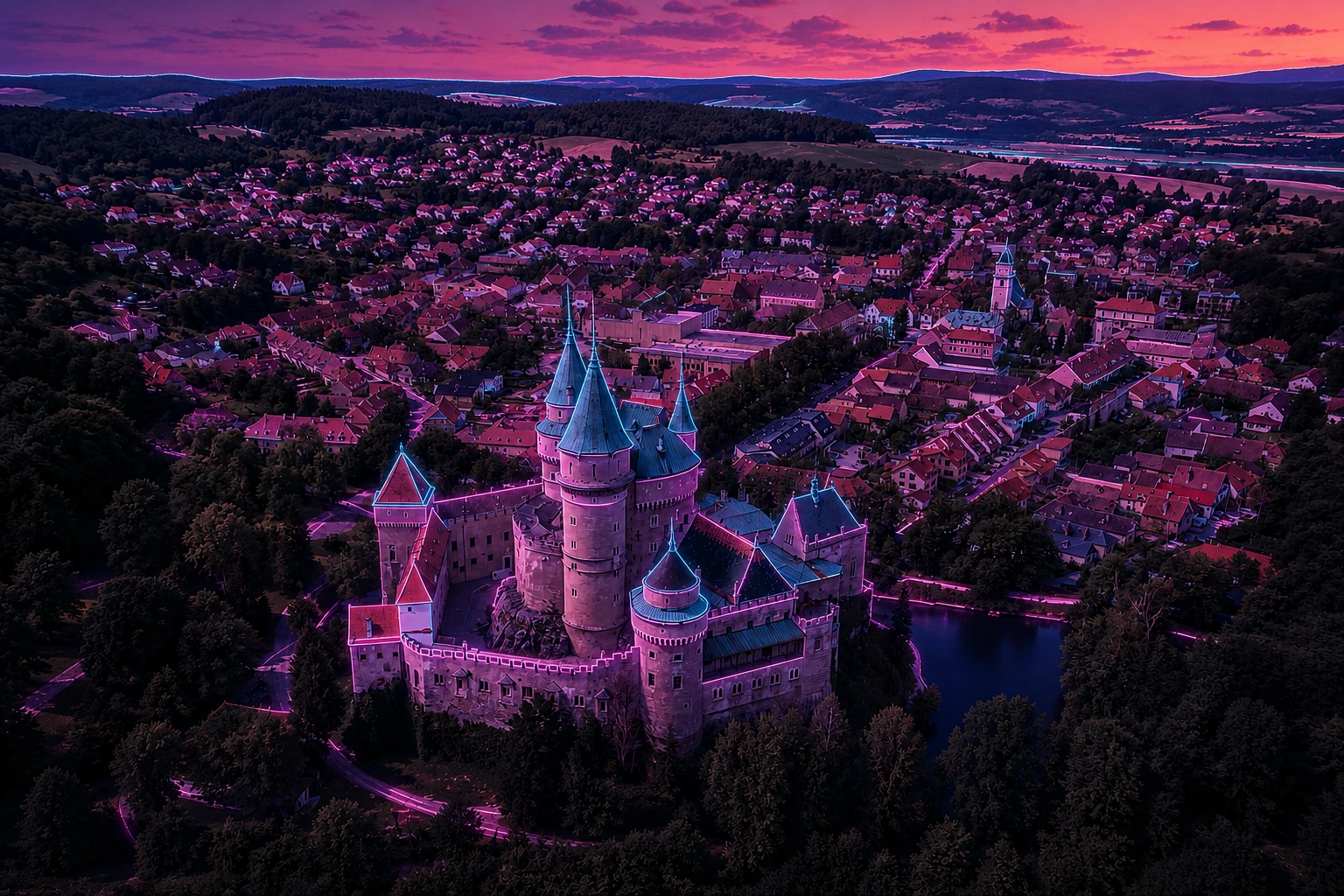 Bojnice Castle – Cyberpunk Aerial View Over the Historic Town Plaque