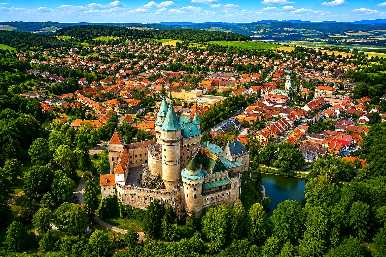 Bojnice Castle – Aerial View Over the Historic Town Metal Plaque