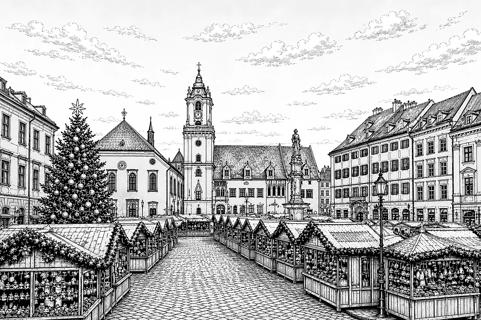 Bratislava Christmas Market Old Town Hall Monochrome – Metal Plaque