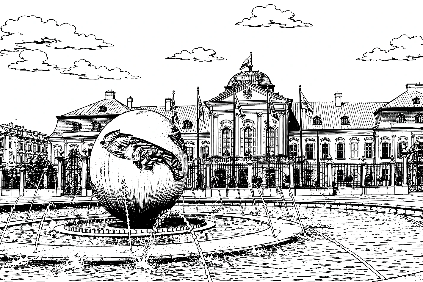 Bratislava Grassalkovich Palace & Planet of Peace Fountain Monochrome