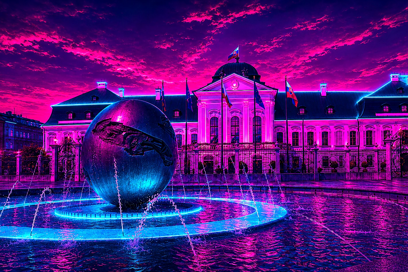 Bratislava Grassalkovich Palace & Planet of Peace Fountain Cyberpunk