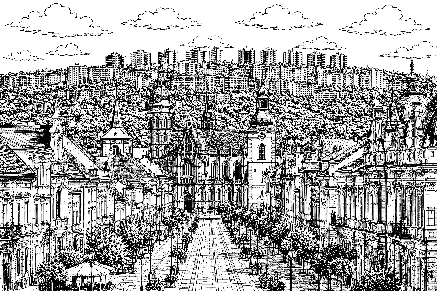 Košice Old Town & St. Elisabeth Cathedral Monochrome – Metal Plaque