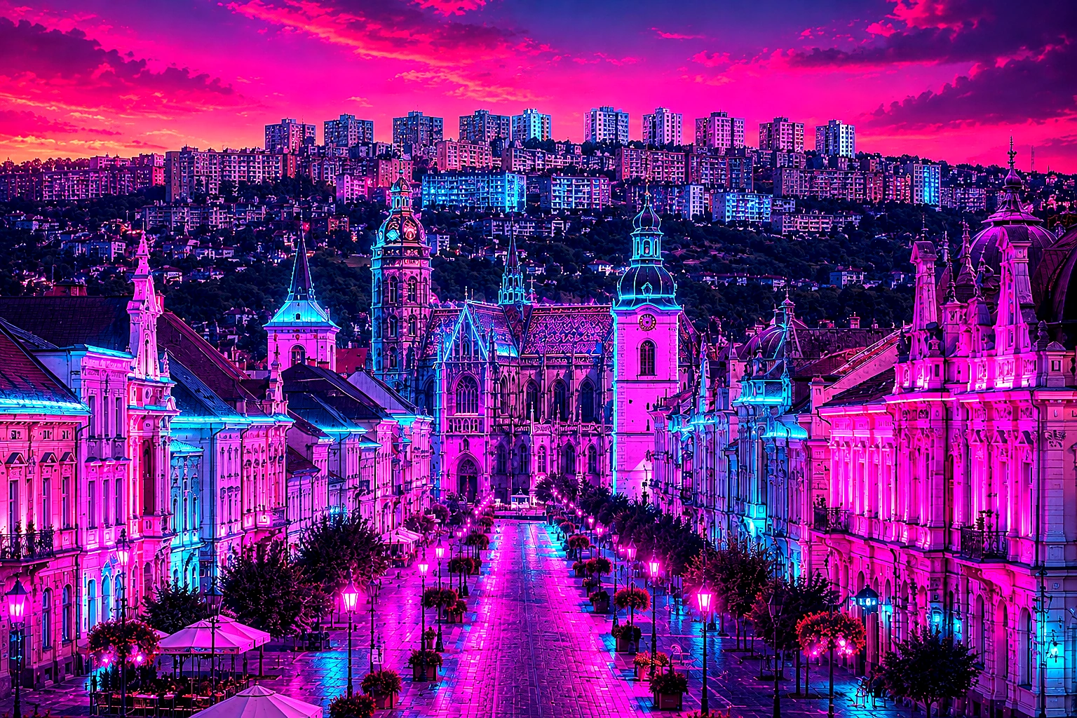 Košice Old Town & St. Elisabeth Cathedral Cyberpunk – Metal Plaque