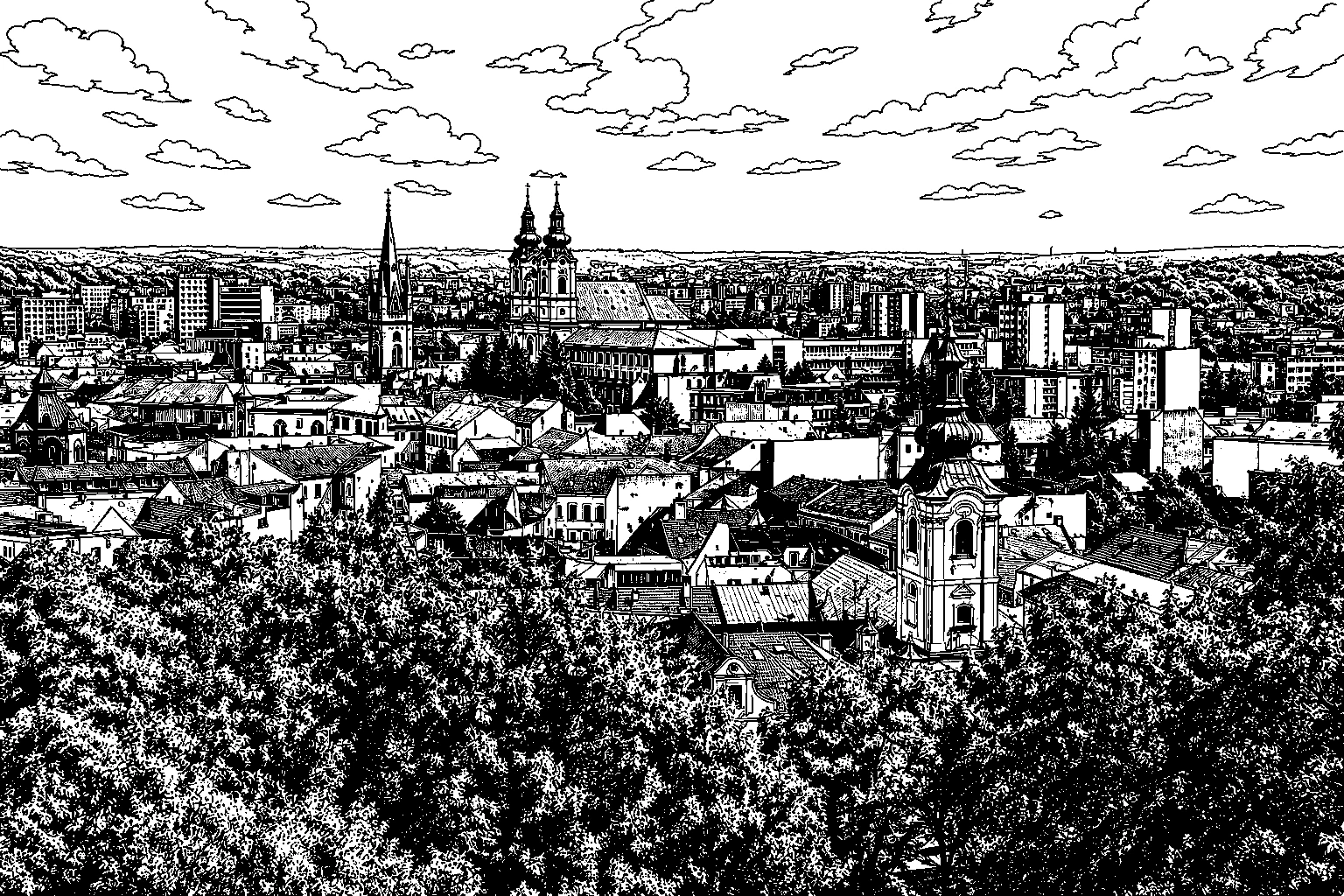 Nitra – Historic City Panorama Monochrome Metal Plaque