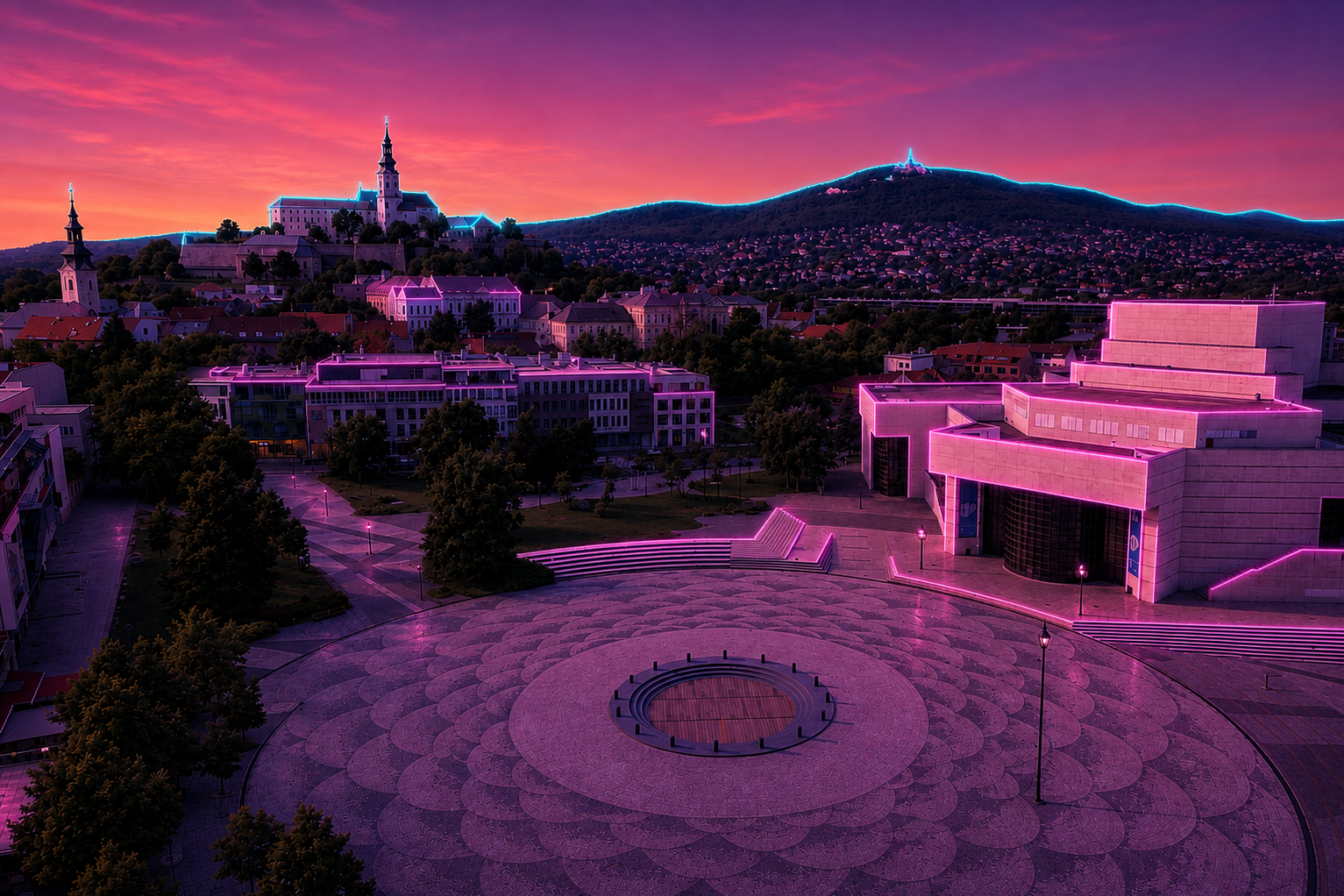 Nitra – Svätopluk Square & Nitra Castle Cyberpunk Metal Plaque