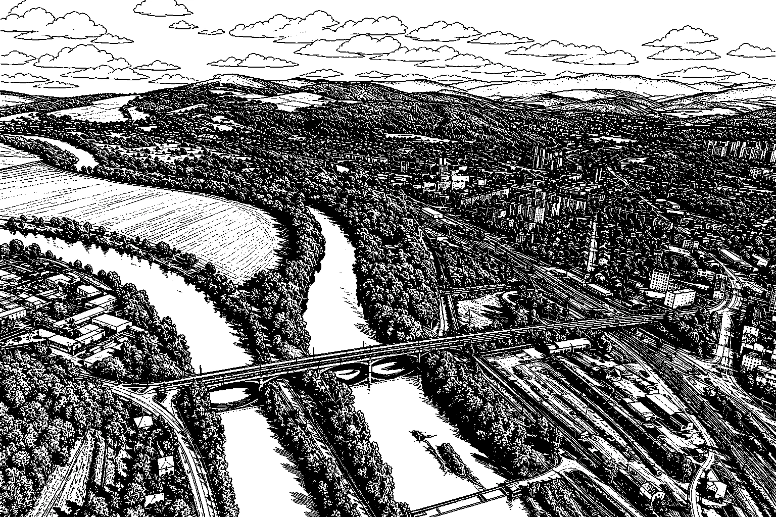 Považská Bystrica Váh River Panorama Monochrome – Metal Plaque