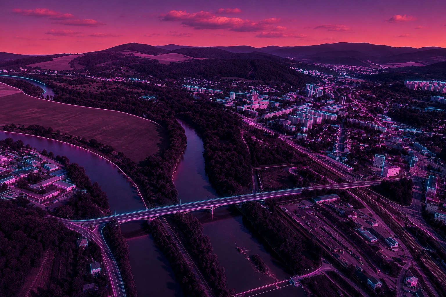 Považská Bystrica Váh River Panorama Cyberpunk – Metal Plaque