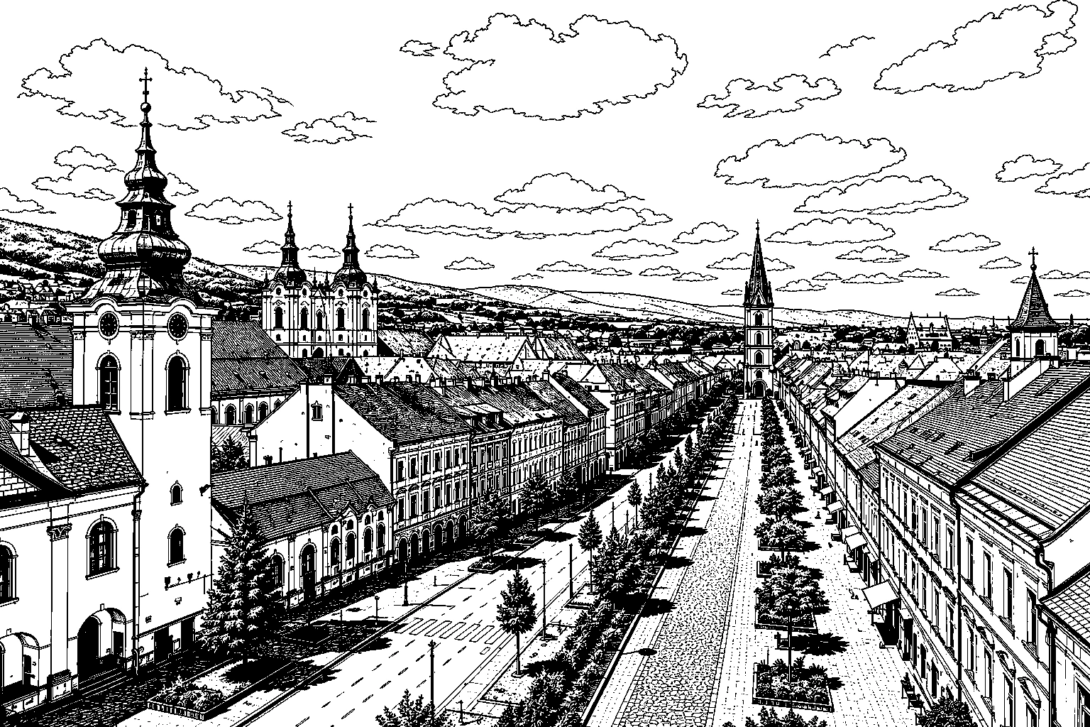 Prešov Historic Hlavná Skyline Monochrome – Metal Plaque