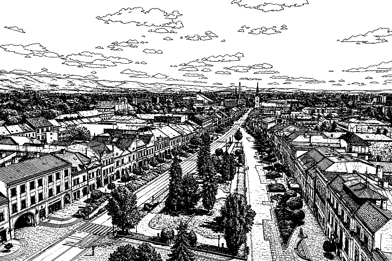 Prešov Hlavná Street Panorama Monochrome – Metal Plaque
