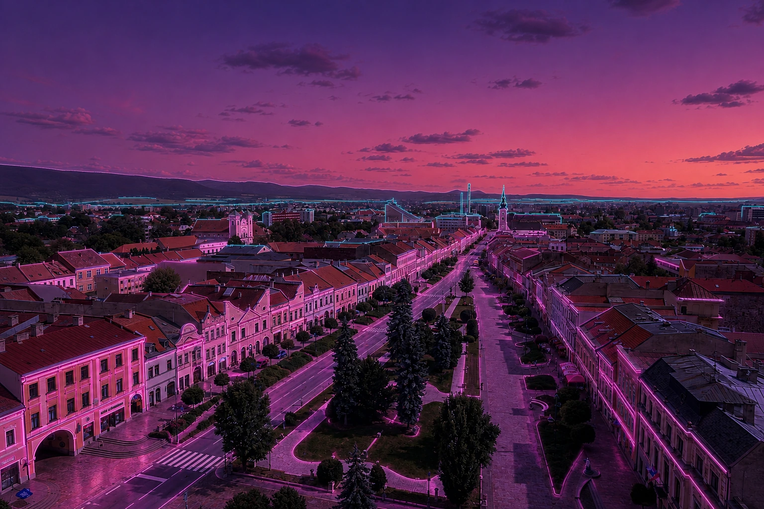 Prešov Hlavná Street Panorama Cyberpunk – Metal Plaque
