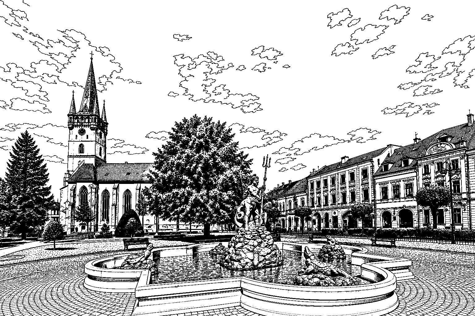Prešov Neptune Fountain & St. Nicholas Cathedral Monochrome
