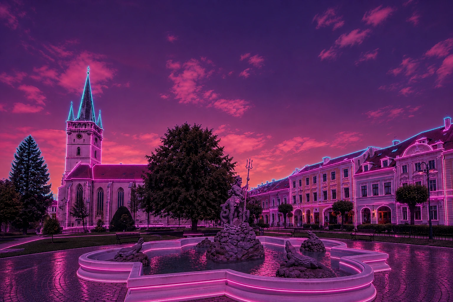 Prešov Neptune Fountain & St. Nicholas Cathedral Cyberpunk