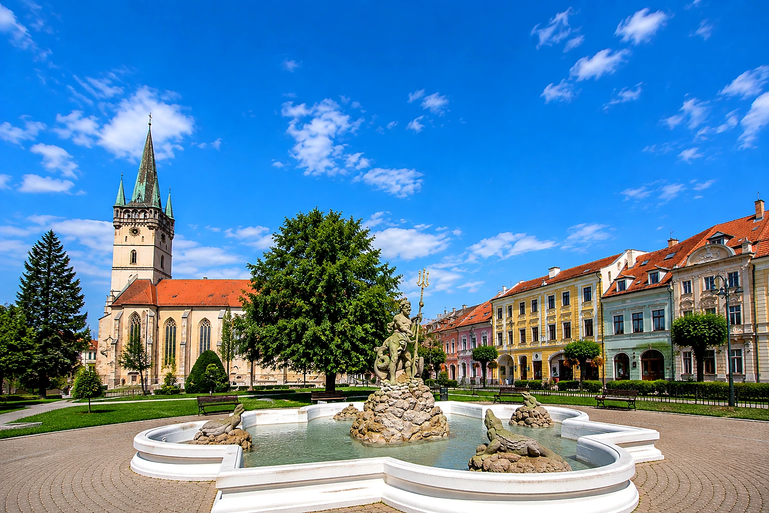 Prešov Neptune Fountain & St. Nicholas Cathedral Natural