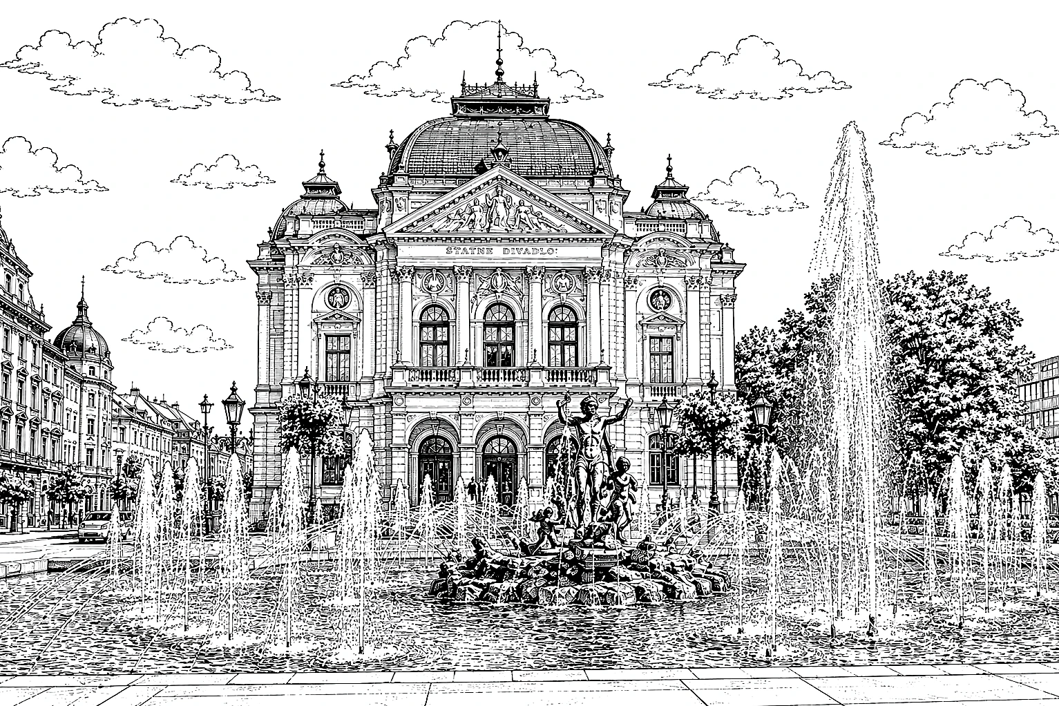 Košice State Theatre + Singing Fountain Monochrome – Metal Plaque