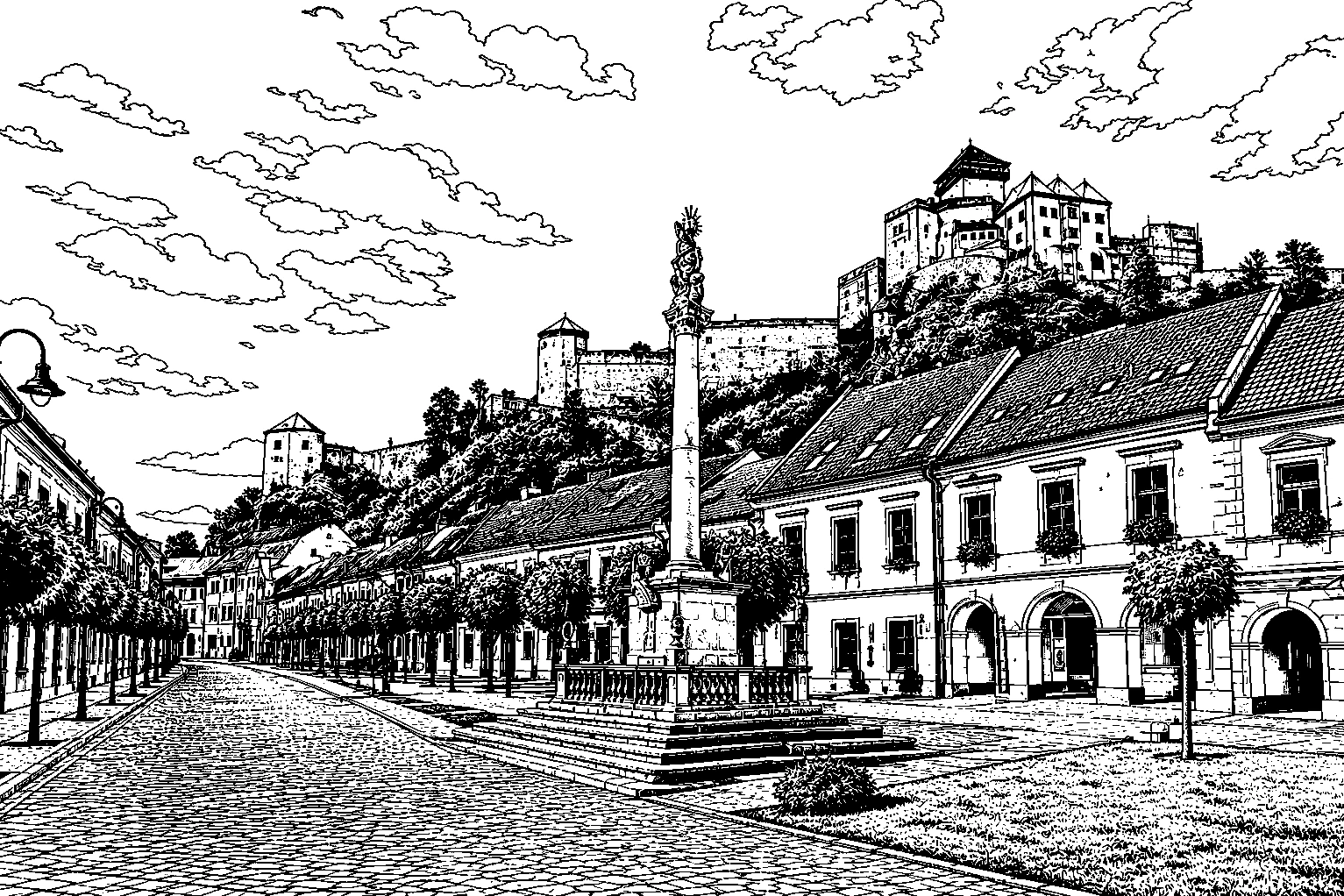 Trenčín Castle Above the Plague Column Monochrome – Metal Plaque