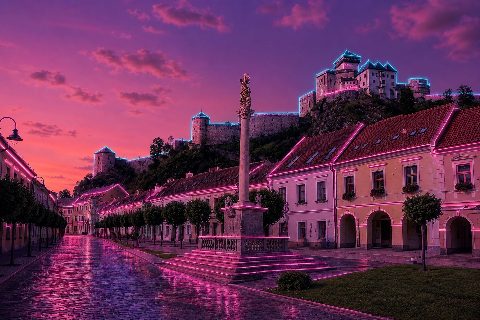 Trenčín Castle Above the Plague Column Cyberpunk – Metal Plaque
