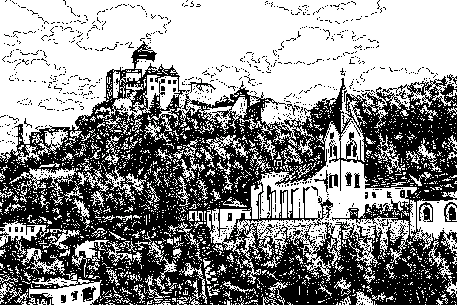 Trenčín Castle & Parish Church Monochrome – Metal Plaque