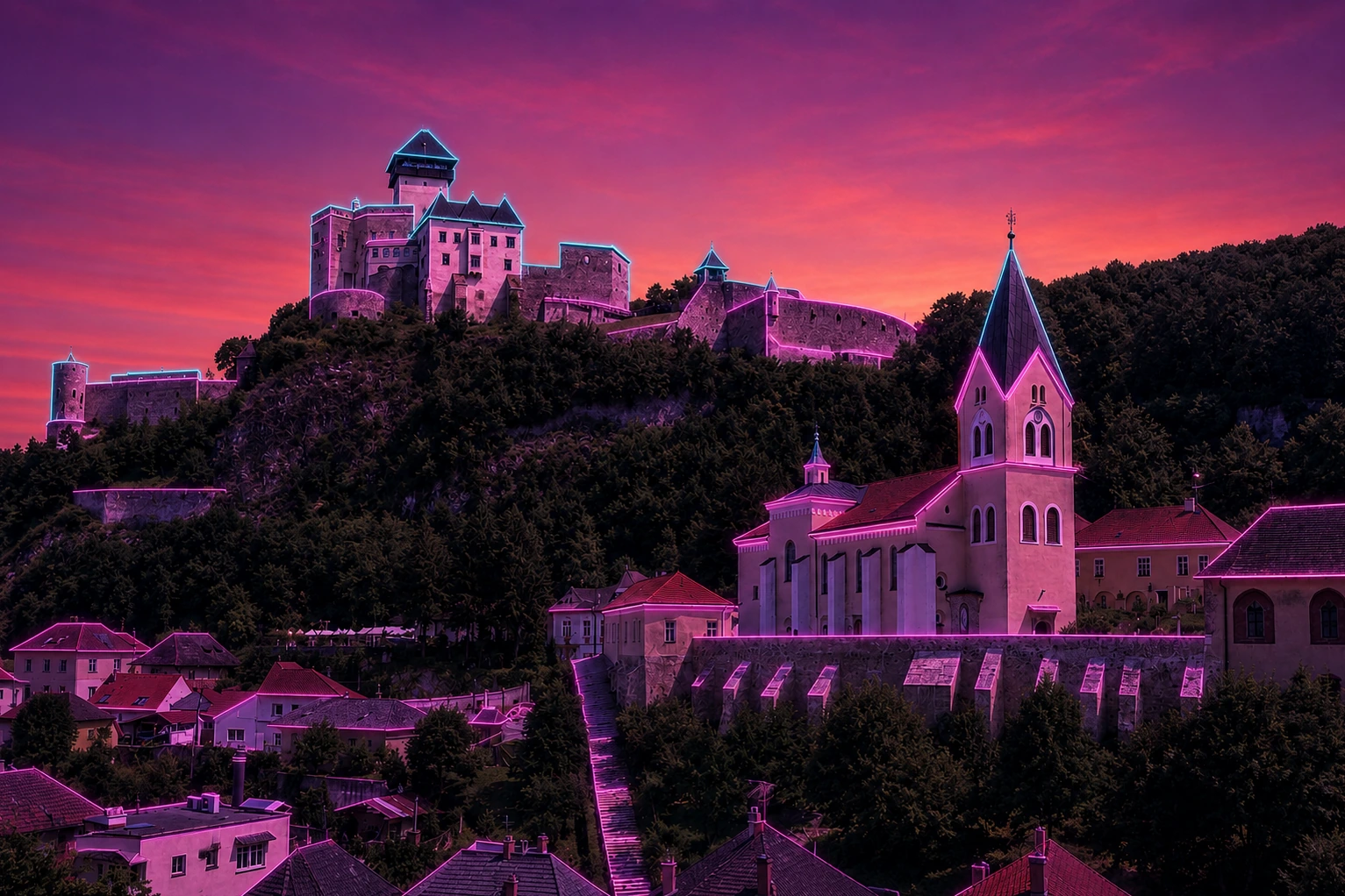 Trenčín Castle & Parish Church Cyberpunk – Metal Plaque
