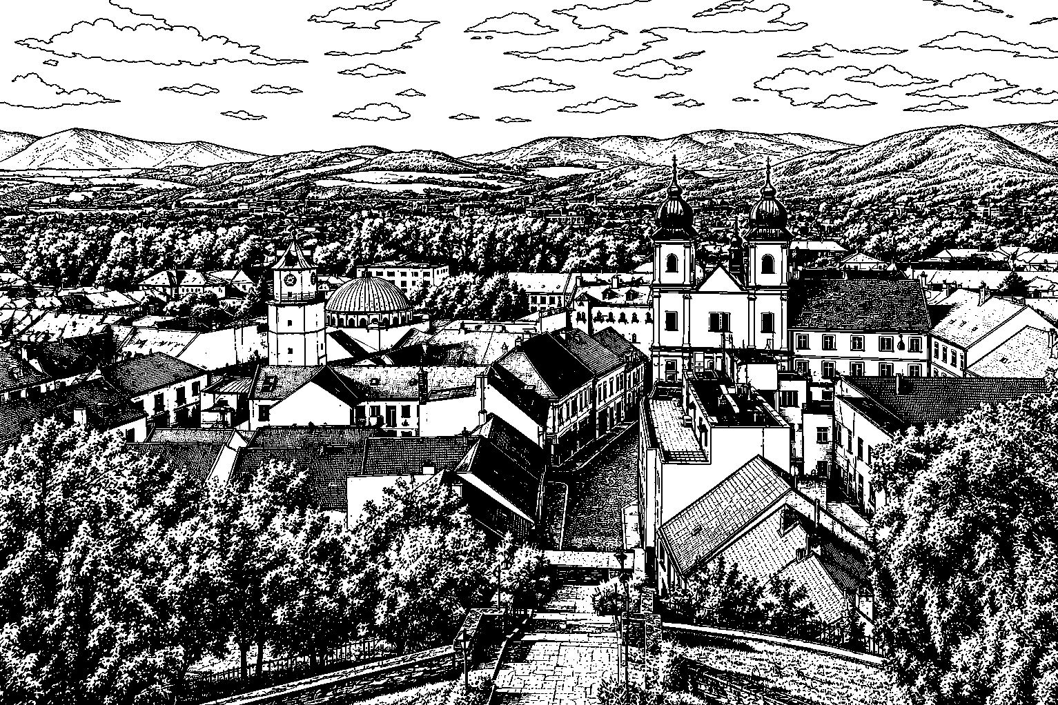 Trenčín’s historic old town captured from above in monochrome on a 20 × 30 cm sublimated aluminum panoramic architectural plaque.