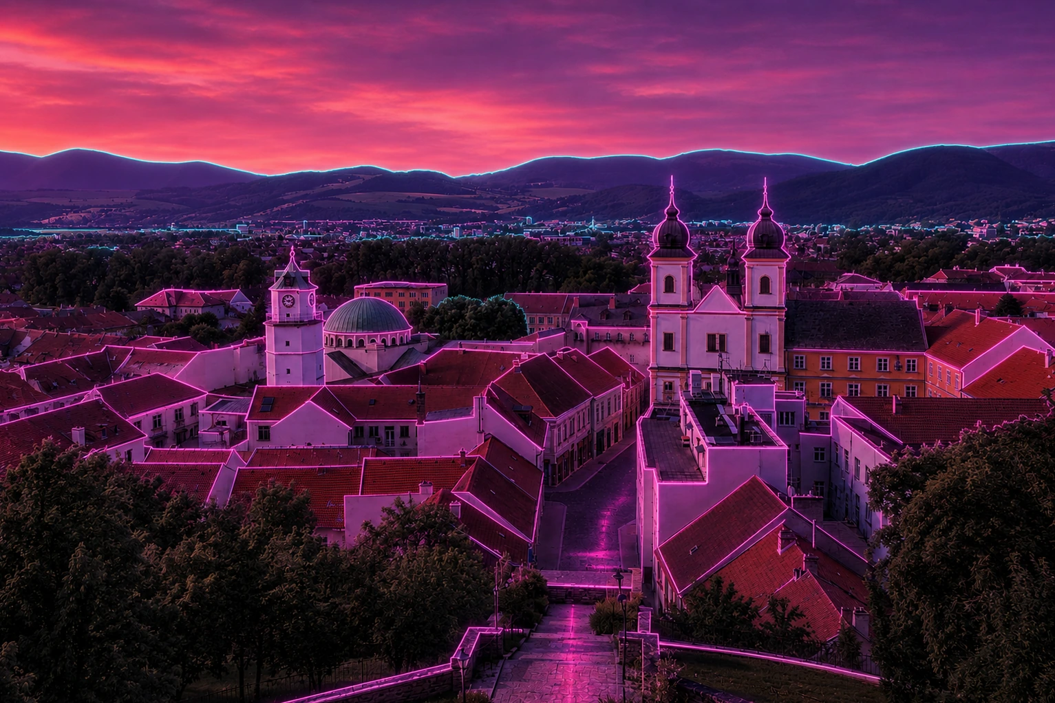 Trenčín Historic Old Town Panorama Cyberpunk – Metal Plaque