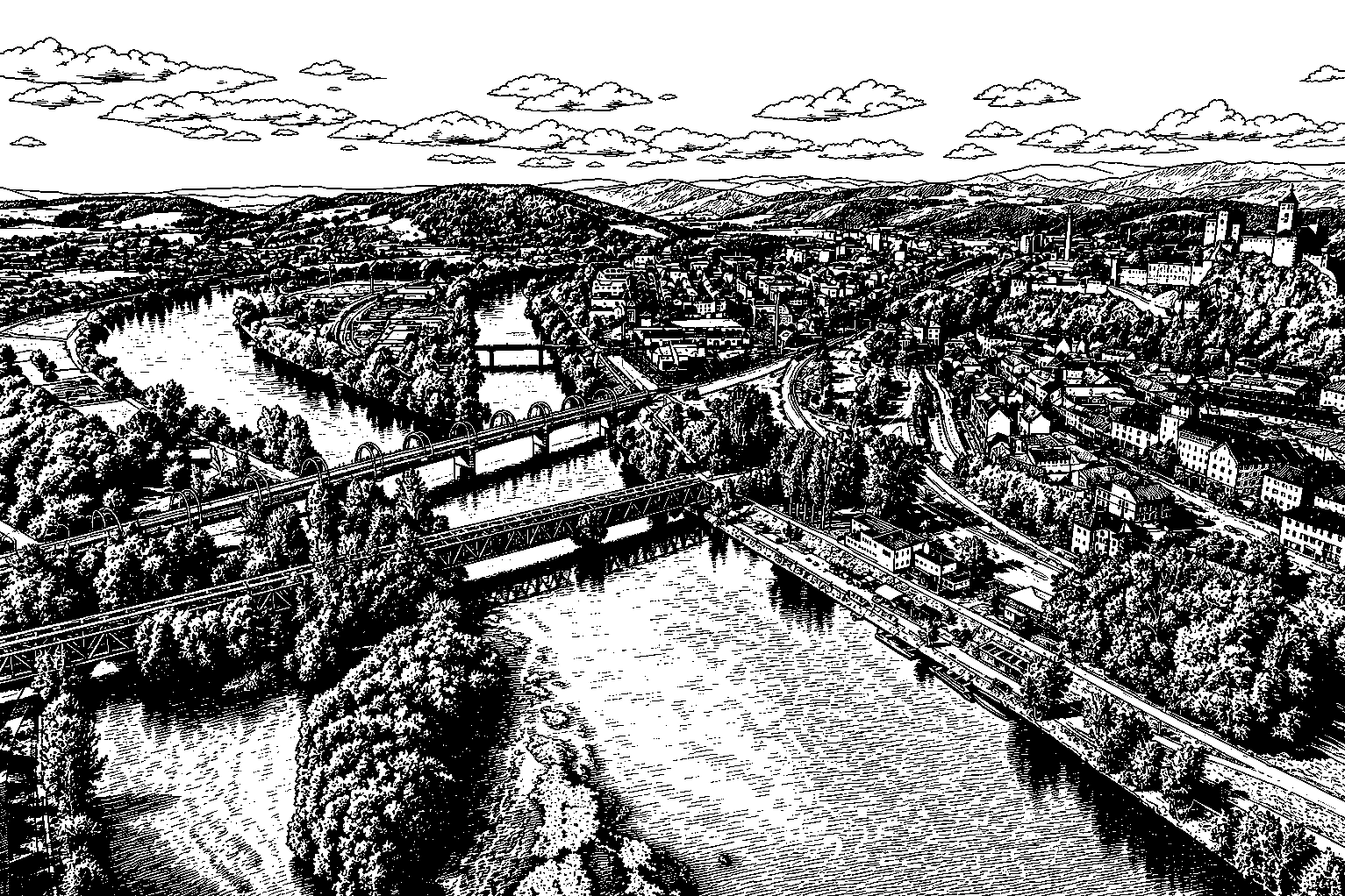 Trenčín Váh River & Castle Panorama Monochrome – Metal Plaque