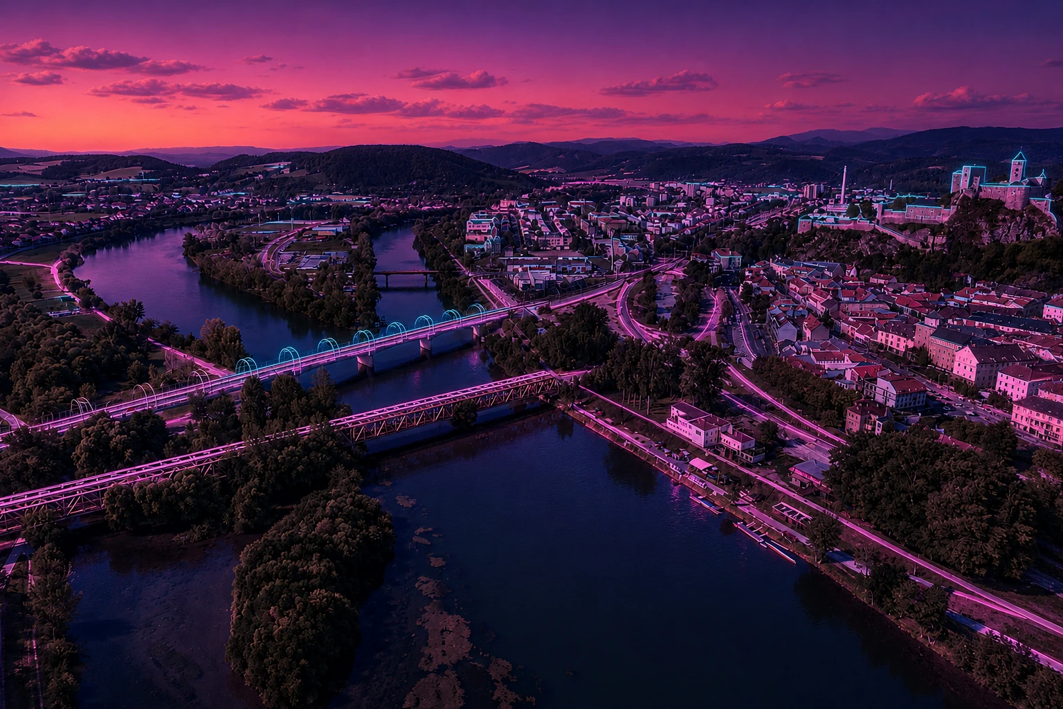 Trenčín Váh River & Castle Panorama Cyberpunk – Metal Plaque