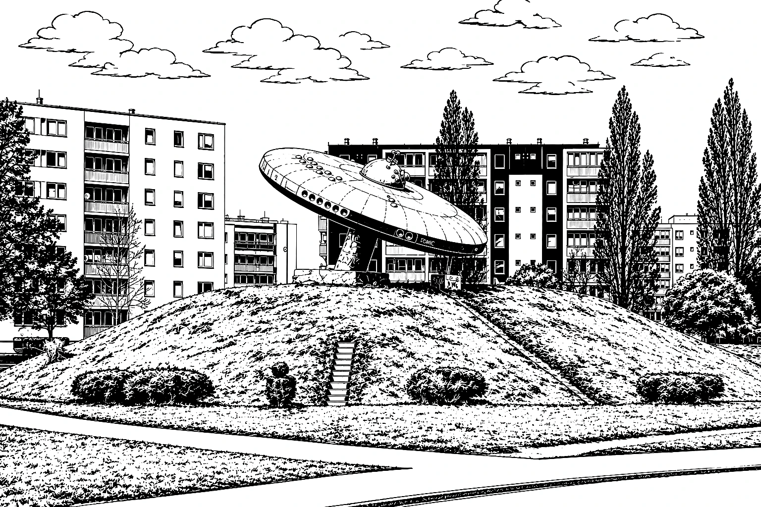 UFO Sculpture Bratislava Monochrome – Metal Plaque