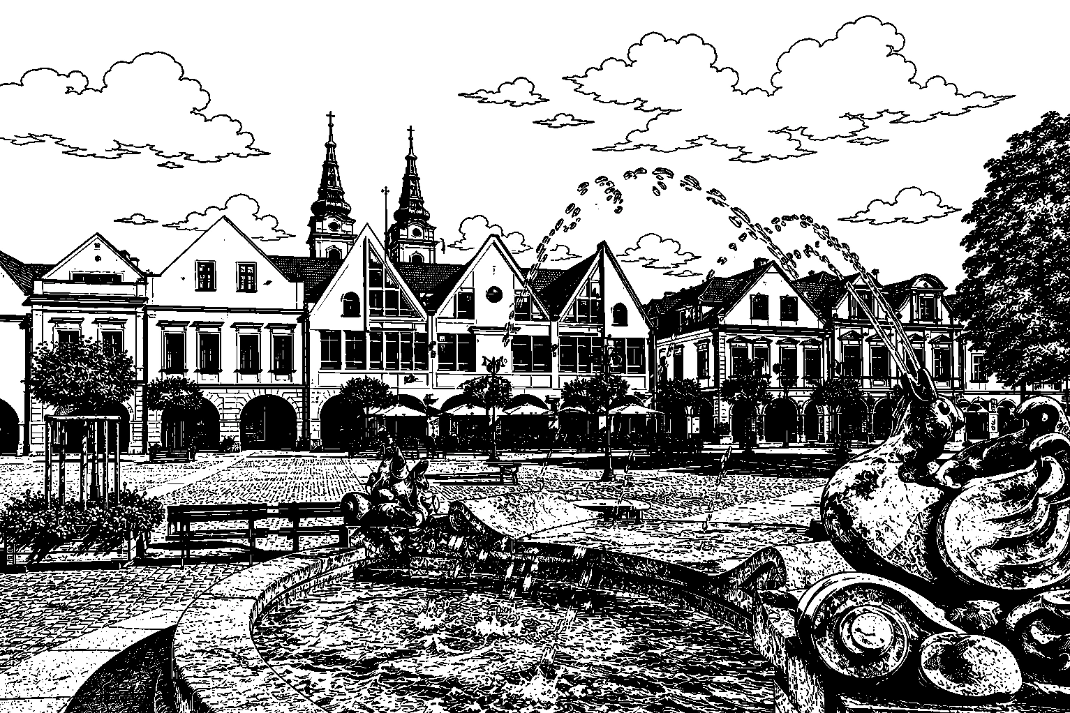 Žilina Mariánske Square Fountain Monochrome – Metal Plaque