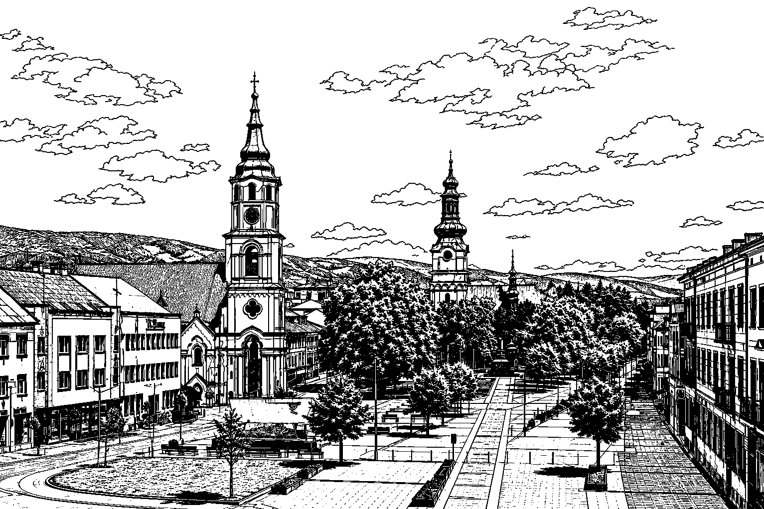 Zvolen Námestie SNP & Church Towers Monochrome – Metal Plaque