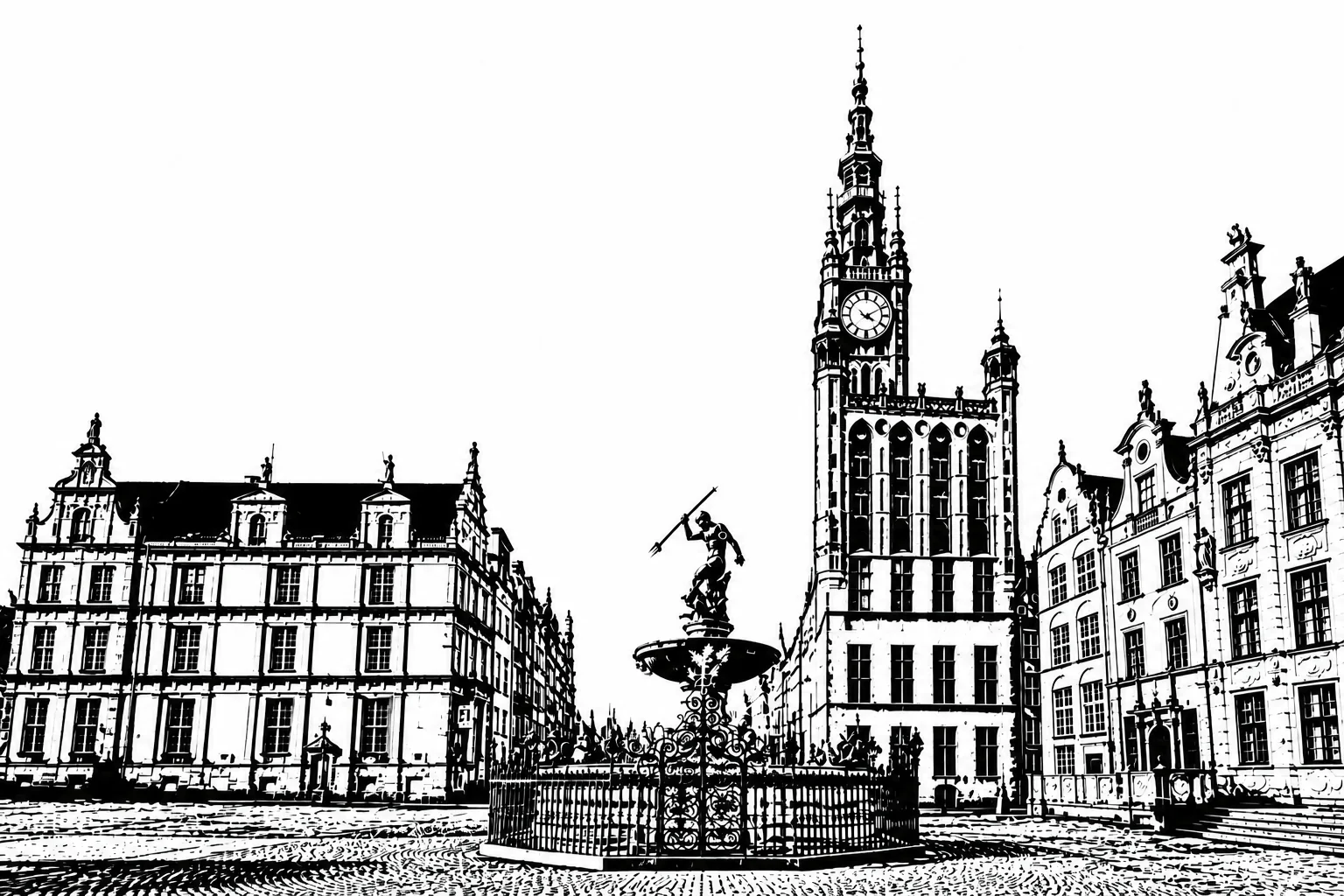 Gdańsk Black & White Plaque – Długi Targ and Neptune Fountain